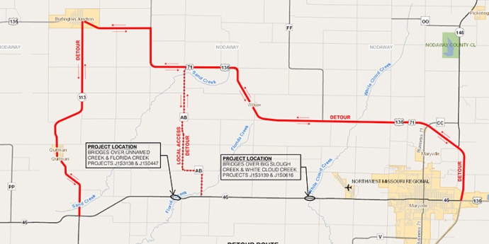 Detour Map for bridge closures on Route 46