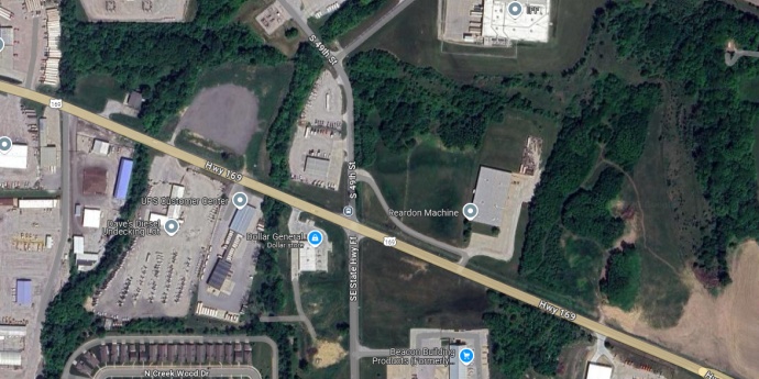 This image is a Google Maps screenshot of the intersection of U.S. Route 169 and Route FF in Buchanan County