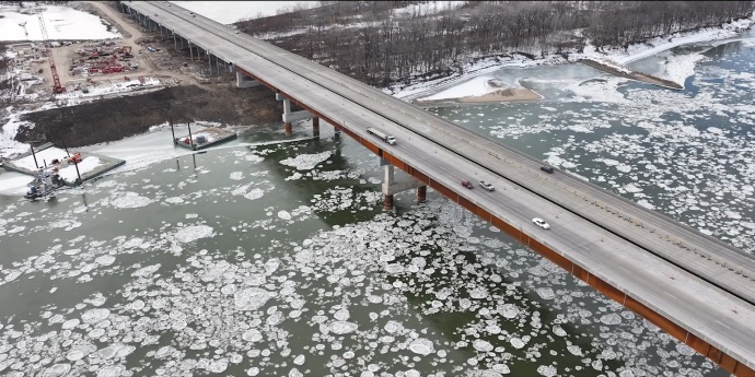 bridge over river with ice