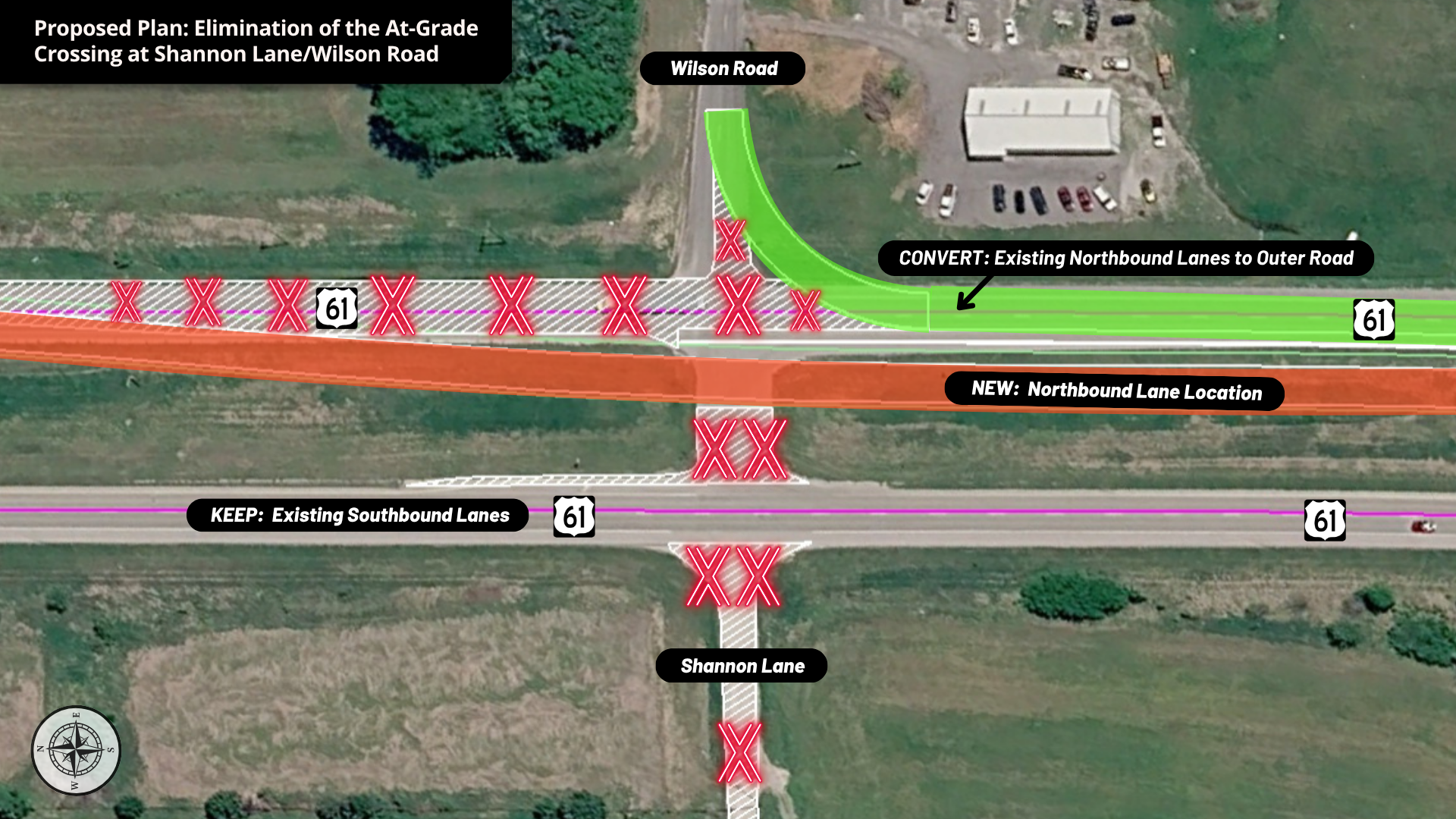 Aerial image of the U.S. 61 at-grade crossing at Shannon Lane/Wilson Road that will be eliminated. The existing northbound lanes will become a new outer road serving local businesses and residents. Wilson Road will tie into the new outer road. This at-grade cross-over will be removed and Wilson Road and Shannon Lane will no longer have direct access to U.S. Route 61. 