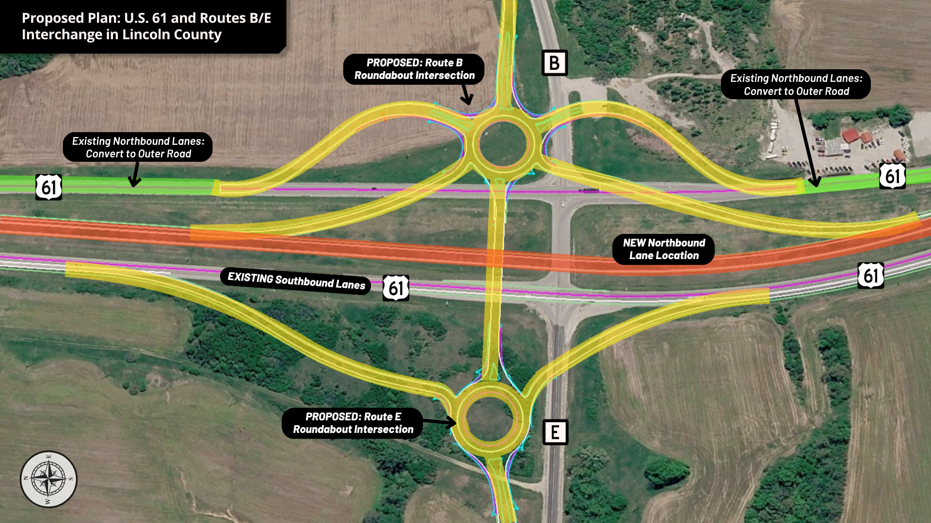 Aerial image of the Routes B/E and U.S. 61 intersection in Lincoln County. A project overlay shows the interchange location offset just to the north of the current location with 2 roundabout intersections at the east and west ramp terminals. The northbound lanes of U.S. 61 will be constructed in the center median. The existing northbound lanes will become a new outer road serving local businesses and residents.