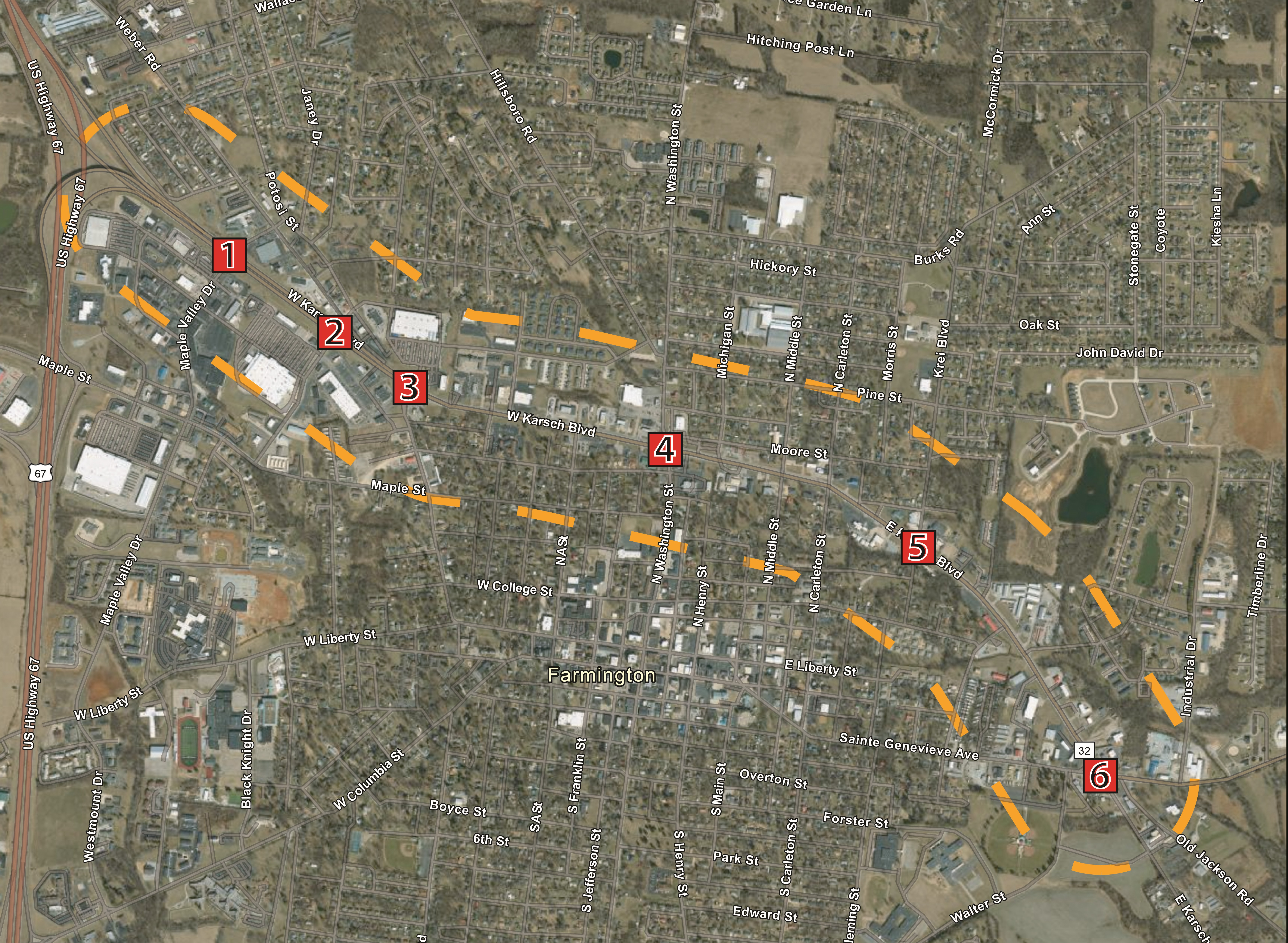 Route 32 Corridor Study in Farmington with Project Area and Key Intersections