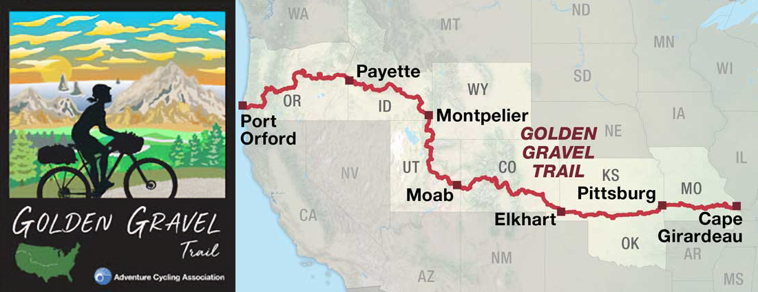 Golden Gravel Trail map showing the route from Cape Girardeau, Missouri to Port Orford, Oregon.