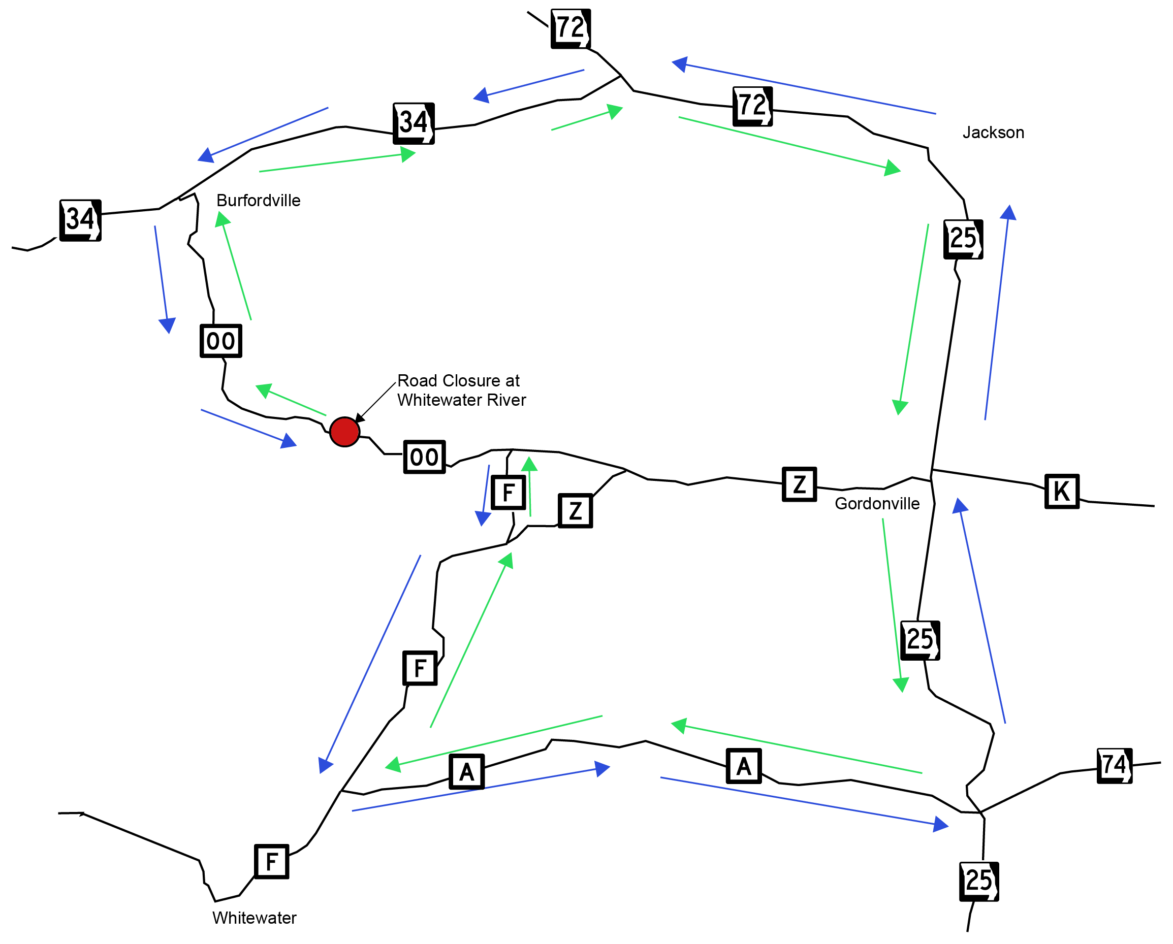 Route OO Whitewater River Bridge Replacement: Detour Map