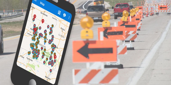 a phone graphic over a work zone