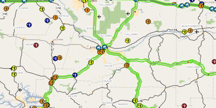 MoDOT Central Traveler Map with routes highlighted in green