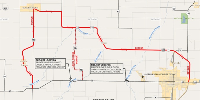 Detour Map for bridge closures on Route 46 