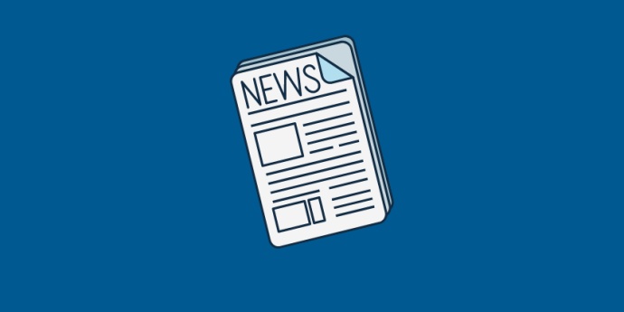 Blue background with black and white newspaper graphic centered