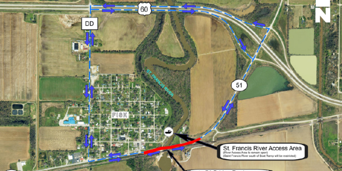 Detour Map for Route 51 bridge closure over St. Francis River in Fisk MO