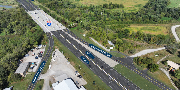 Proposed design rendering I-70 interchange at north and south outer roads at Perche Creek.