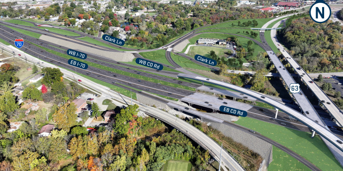 Display shows plans for the I-70 and U.S. Route 63 interchange in Columbia.