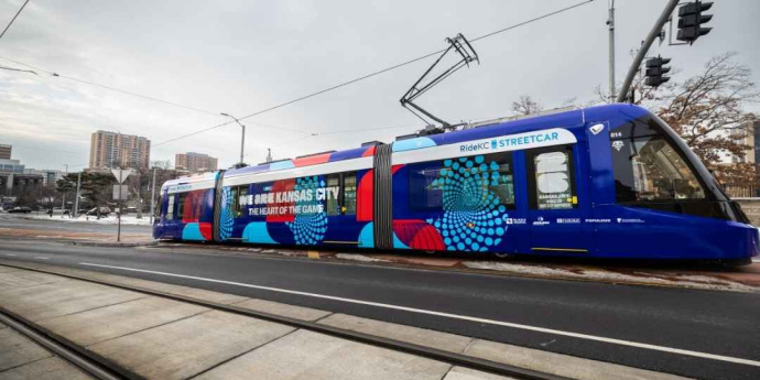 RideKC Street Car wrapped with a FIFA World Cup ad