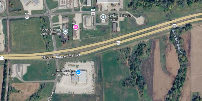 Aerial view of the project location at U.S. Route 36 and Mitchell Avenue in Chillicothe