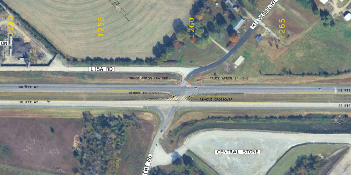 Aerial of Proposed J-turn at 67 and Hildebrecht Road in Farmington