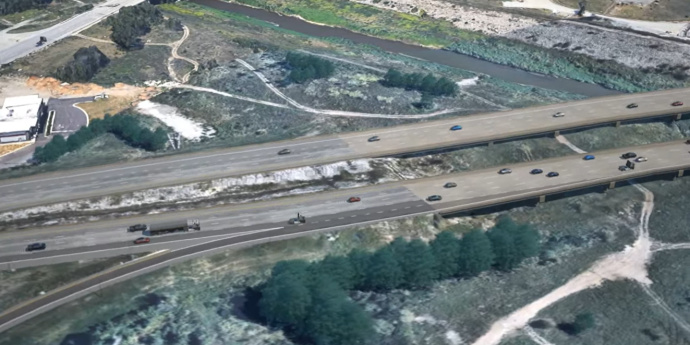 Rendering of divided highway with bridges approaching a river