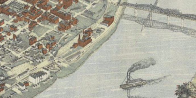 Spans through time header with historic map drawing with steamboat and truss bridge
