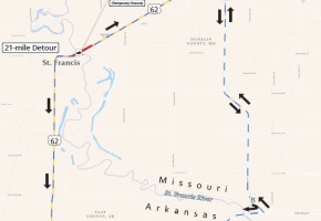Route 62 over St. Francis River Bridge Detour Map Icon