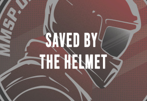Red and black Saved by the Helmet Card with text overlay