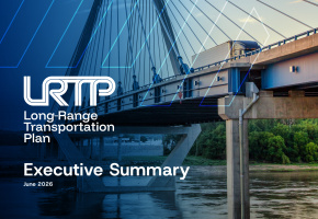 White LRTP Logo Executive Summary text over semi truck crossing Missouri bridge