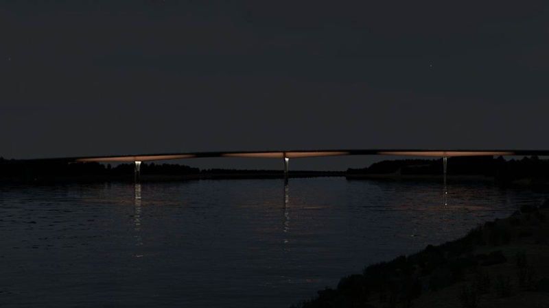 Rendering of bridge on the riverfront at night