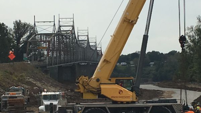 Photo of a crane on Route 47 bridge.