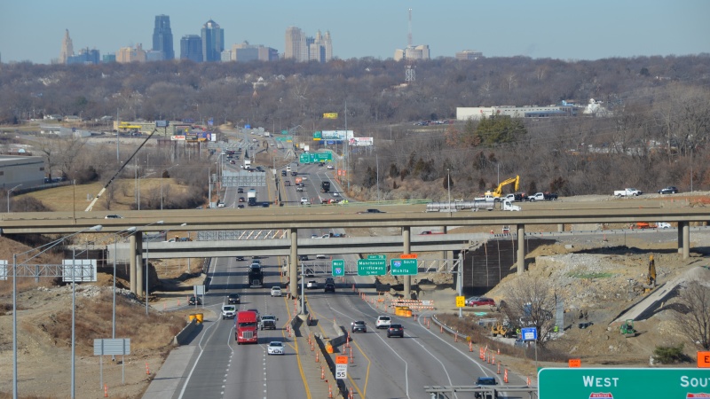Looking west at new I-435 and I-70 interchange