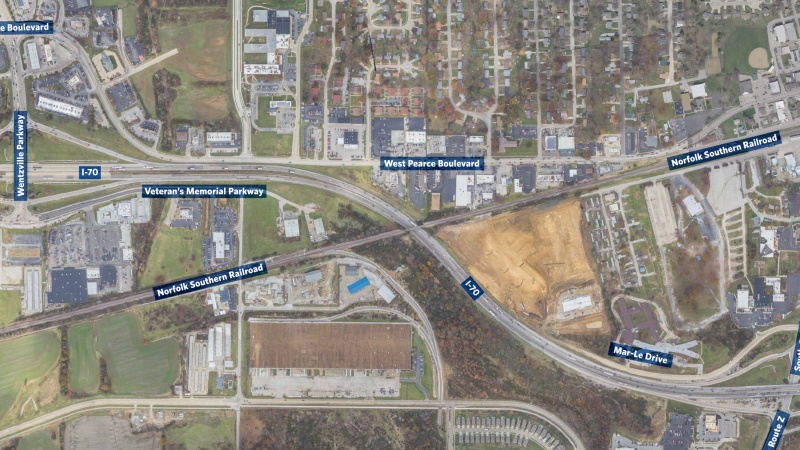 The aerial photo shows the project area on Interstate 70 between Wentzville Parkway on the western side to Route Z, located on the eastern side of the project area. 