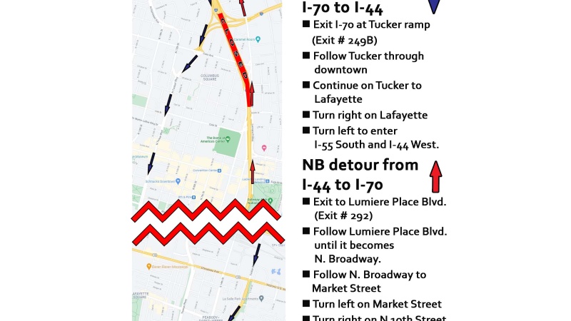 Detour map for anticipated interstate closures