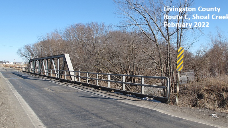 View of the driving surface and truss structure taken from the roadway adjacent to the Livingston County Route C Shoal Creek Drainage Ditch Bridge