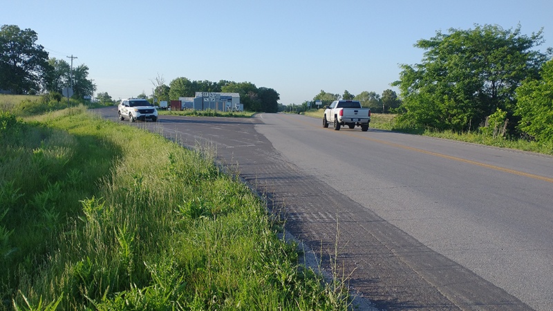 DeKalb County U.S. Route 169 and Route EE intersection as seen from U.S. Route 169 south of the intersection