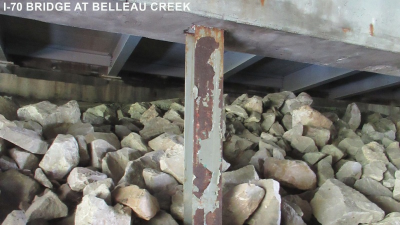 This photo shows rust underneath the I-70 bridge at Belleau Creek 