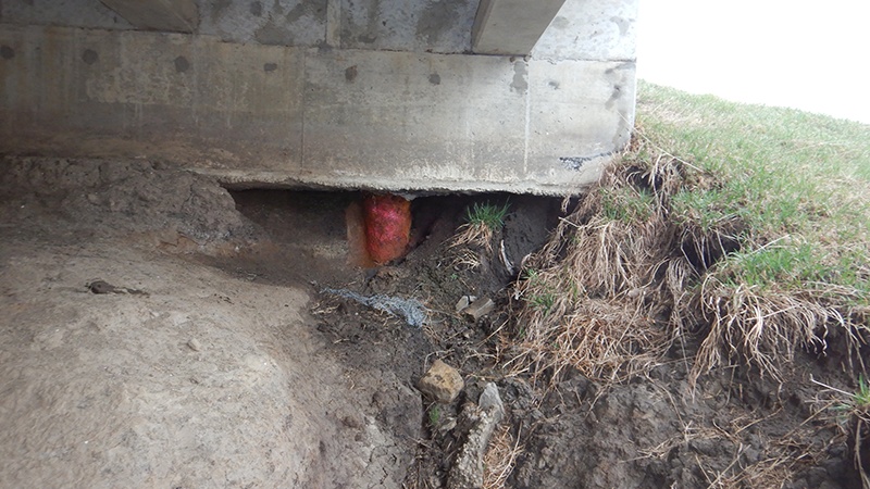 Erosion and exposed pile at the bridge abutment of the Carroll County Route M Grand River Bridge 