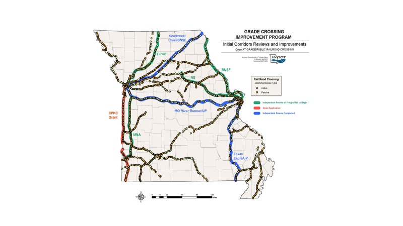 Map highlighting the rail corridors in Missouri