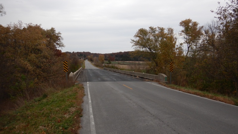 Taken during an inspection in 2022, this image shows a top view of the Hillers Creek Bridge on Callaway County Route BB. looking north.