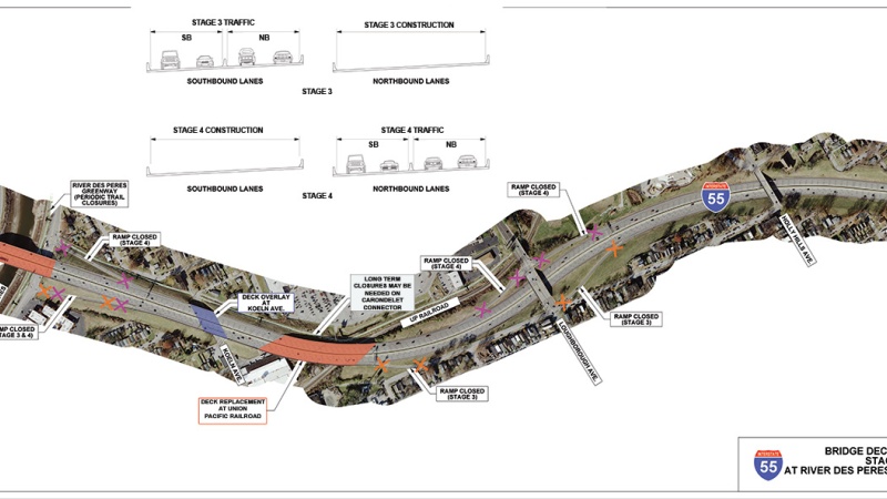 Updated map of work on I-55 near River Des Peres