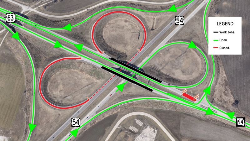 Close up of ramp access during rehabilitation work on the U.S. Route 63-Route 94 overpass bridges over U.S. Route 54.