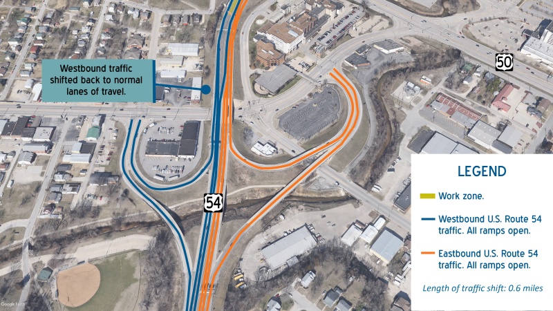 Close-up map near Missouri Boulevard of U.S. Route 54 construction work zone for rehabilitating two overpass bridges over McCarty Street and U.S. Route 50.
