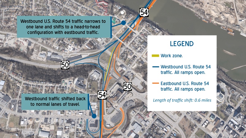 Map of U.S. Route 54 in Jefferson City showing the construction work zone for rehabilitating two overpass bridges over McCarty Street and U.S. Route 50
