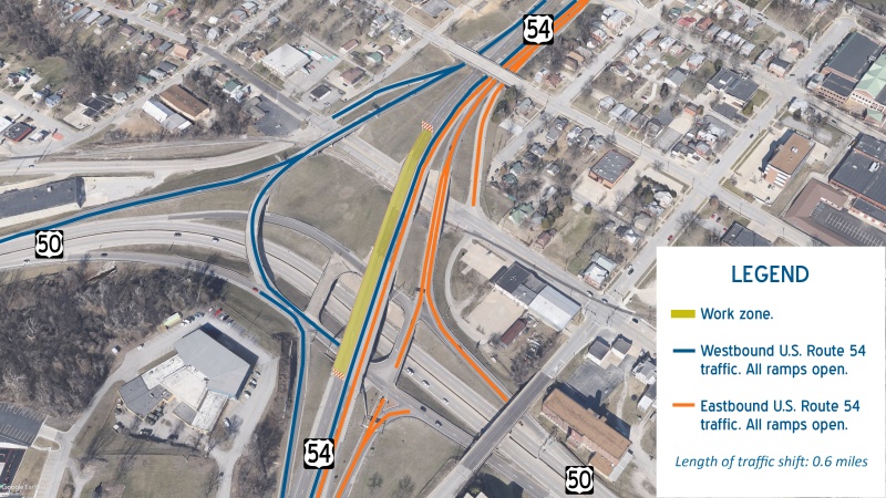 Map: close up of the tri-level section of U.S. Route 54