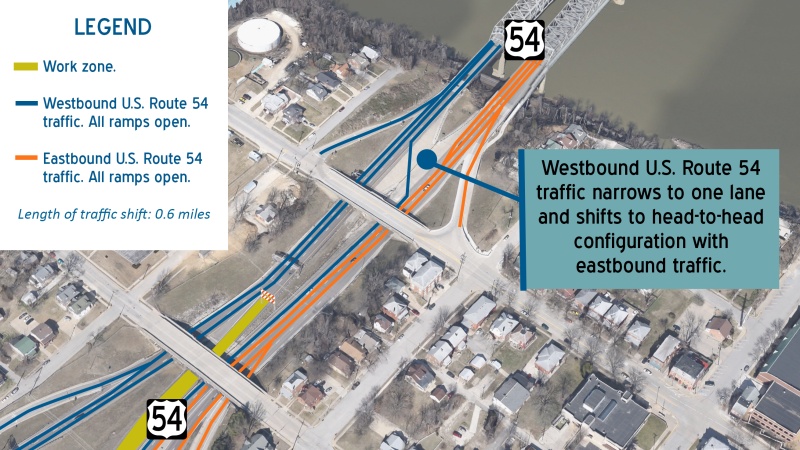Close-up map near West Main Street of U.S. Route 54 construction work zone for rehabilitating two overpass bridges over McCarty Street and U.S. Route 50.