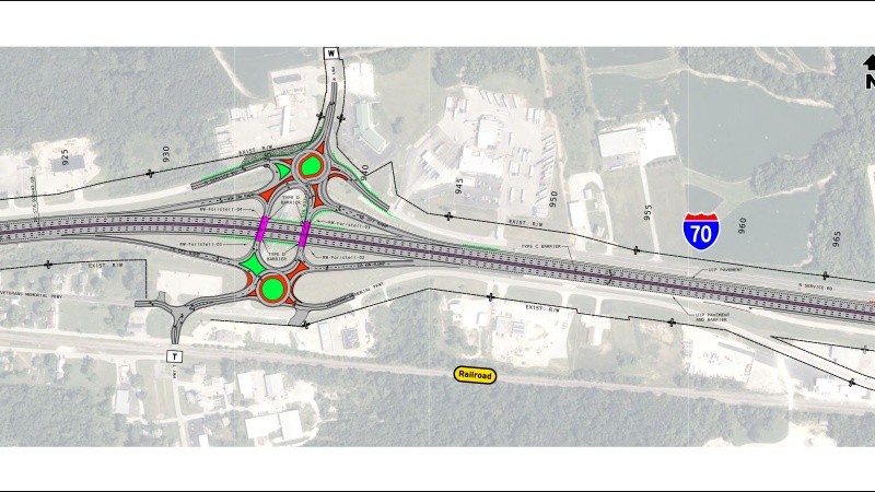 Display shows roadway plans for I-70 between mile markers 203 and 204.