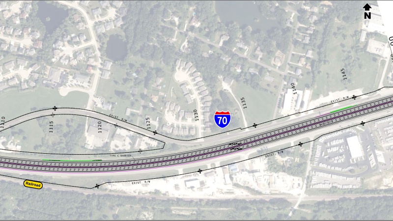 Display shows roadway plans for I-70 between mile markers 207 and 208.