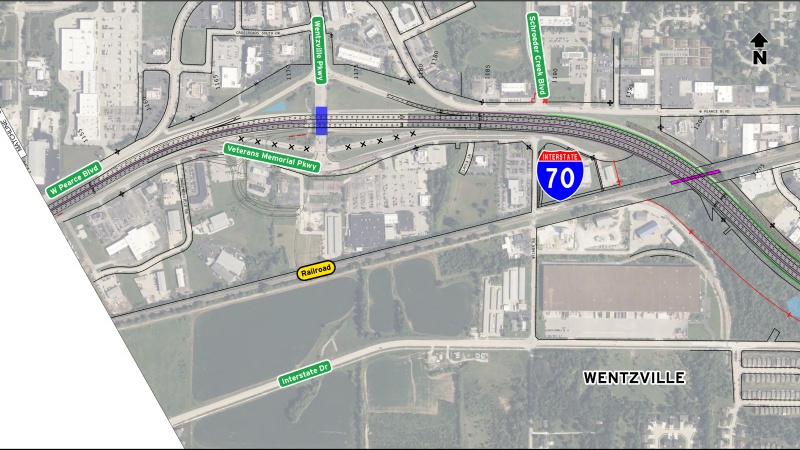 Display shows roadway plans for I-70 between mile markers 208 and 209.