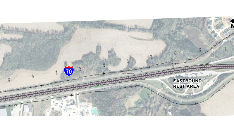 Display shows roadway plans for I-70 between mile markers 197 and 198.