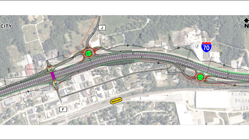 Display shows roadway plans for I-70 between mile markers 199 and 201.