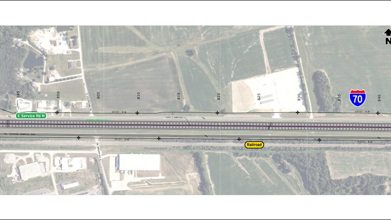 Display shows roadway plans for I-70 between mile markers 201 and 202..