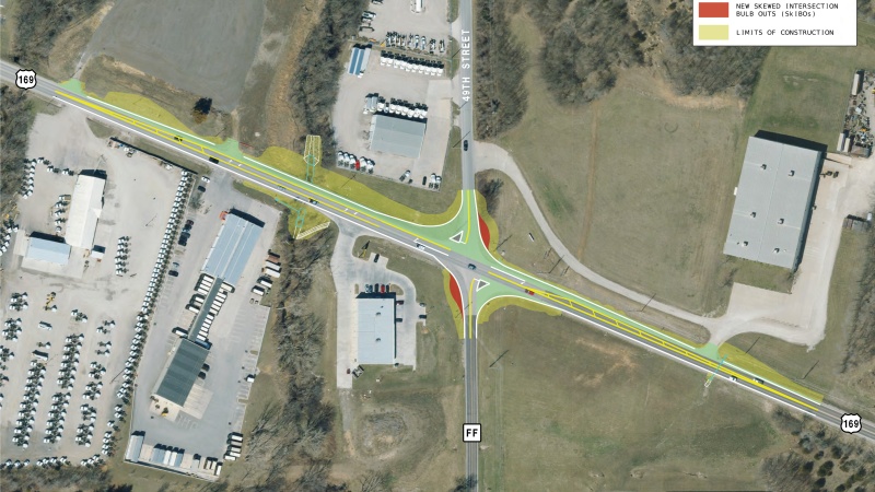The image shows the proposed improvements to the intersection of U.S. Route 169 and Buchanan County Route FF. The safety improvement project will add left-turn lanes from Route 169 to Route FF, add an apron to improve turning for tractor trailers and extend a culvert near the intersection.