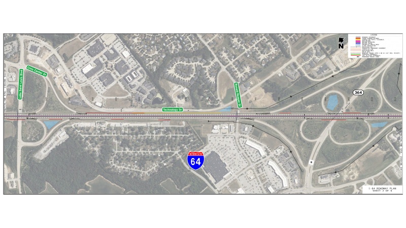 Display shows roadway plans for an additional lane on I-64 between log miles 3 and 4.