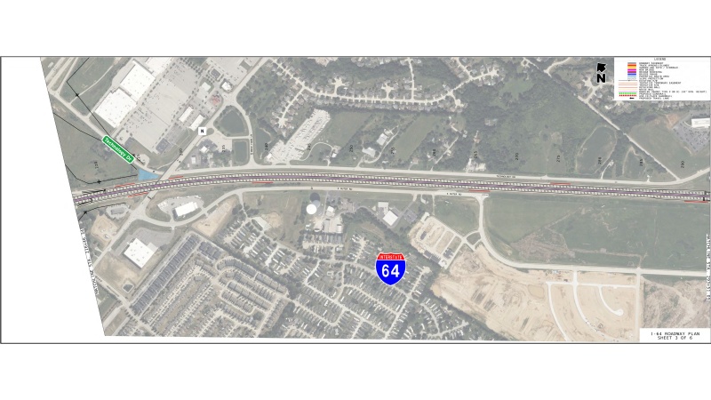 Photo shows roadway plans for additional lane on I-64 between log miles 4 and 6. 
