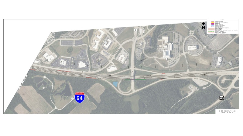 Display shows roadway plans for an additional lane on I-64 between log miles 9 and 10.